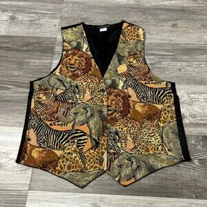 Vintage 90s Axessorium Safari Animals Women L Granny Waistcoat Tapestry Vest USA